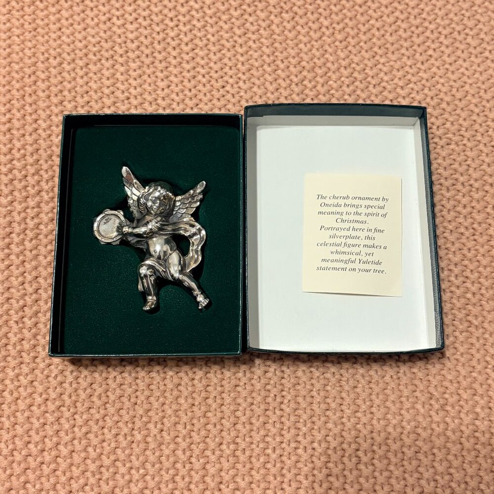 Oneida Silverplate Christmas Ornament Angel with Tambourine 1991 Ornament 3.5"